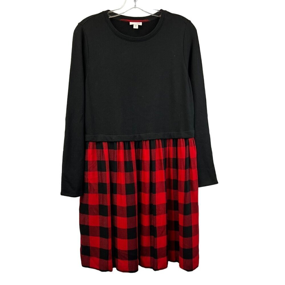 J.Jill Womens Long Sleeve A-Line Dress Black/Red Check Knee Length MP Pockets